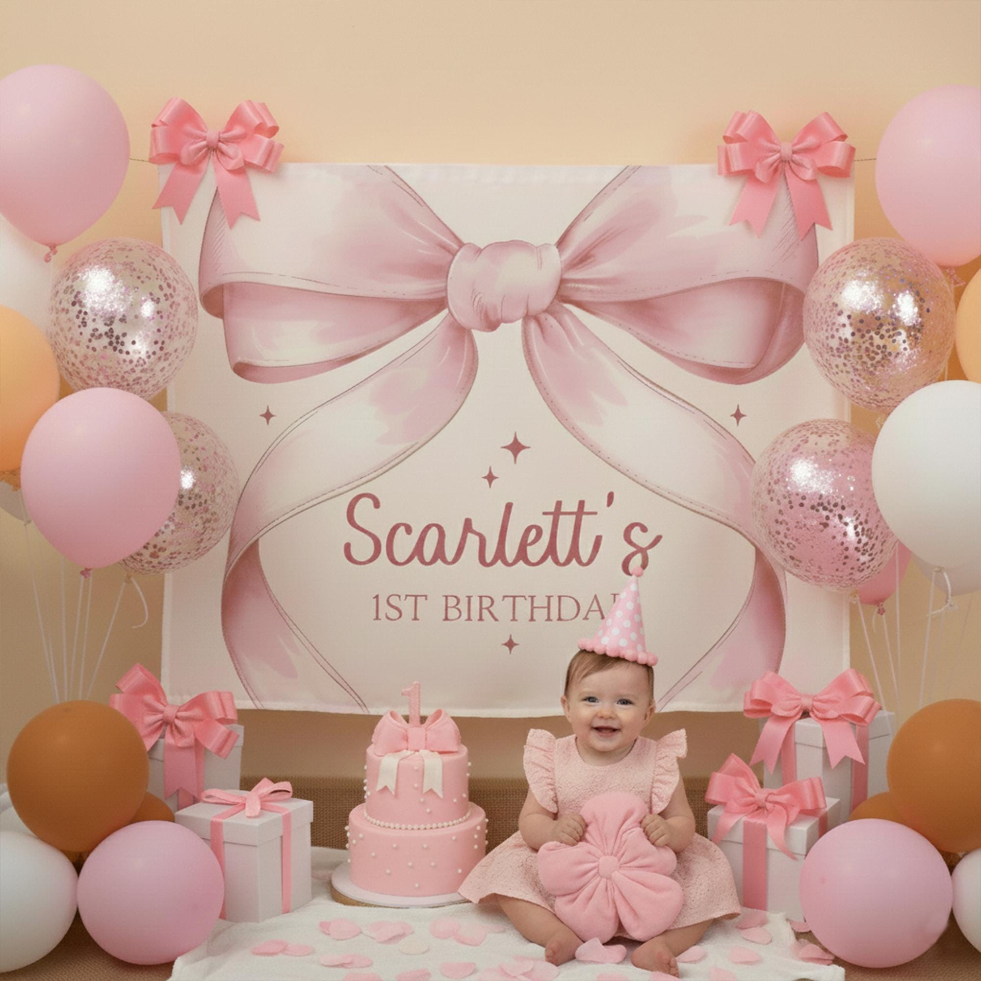 Personalized Pink Bow Silk Banner for Baby Girl 1st Birthday Party Custom Coquette Ribbon Decor Photo Backdrop Whimsical Design Gift