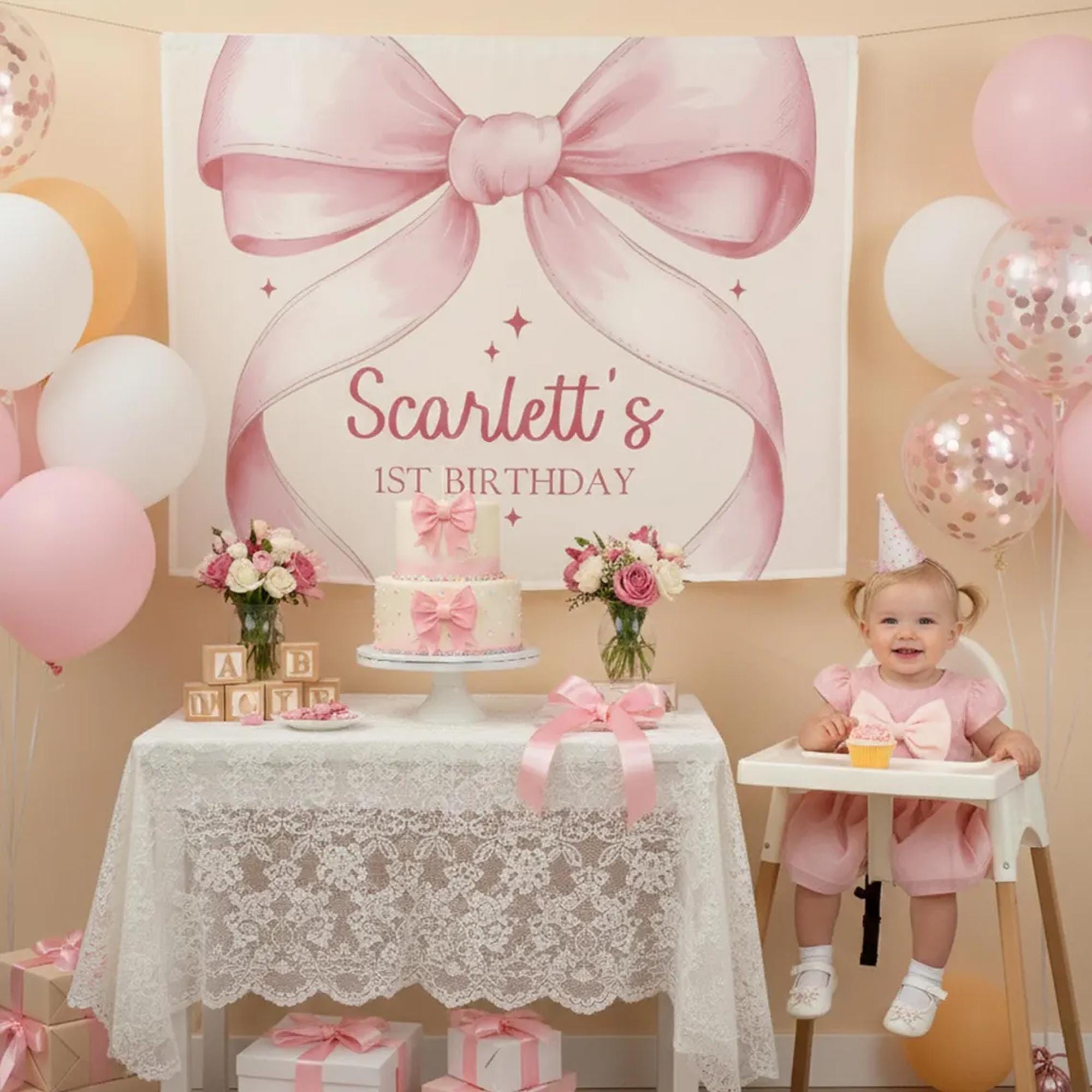 Personalized Pink Bow Silk Banner for Baby Girl 1st Birthday Party Custom Coquette Ribbon Decor Photo Backdrop Whimsical Design Gift