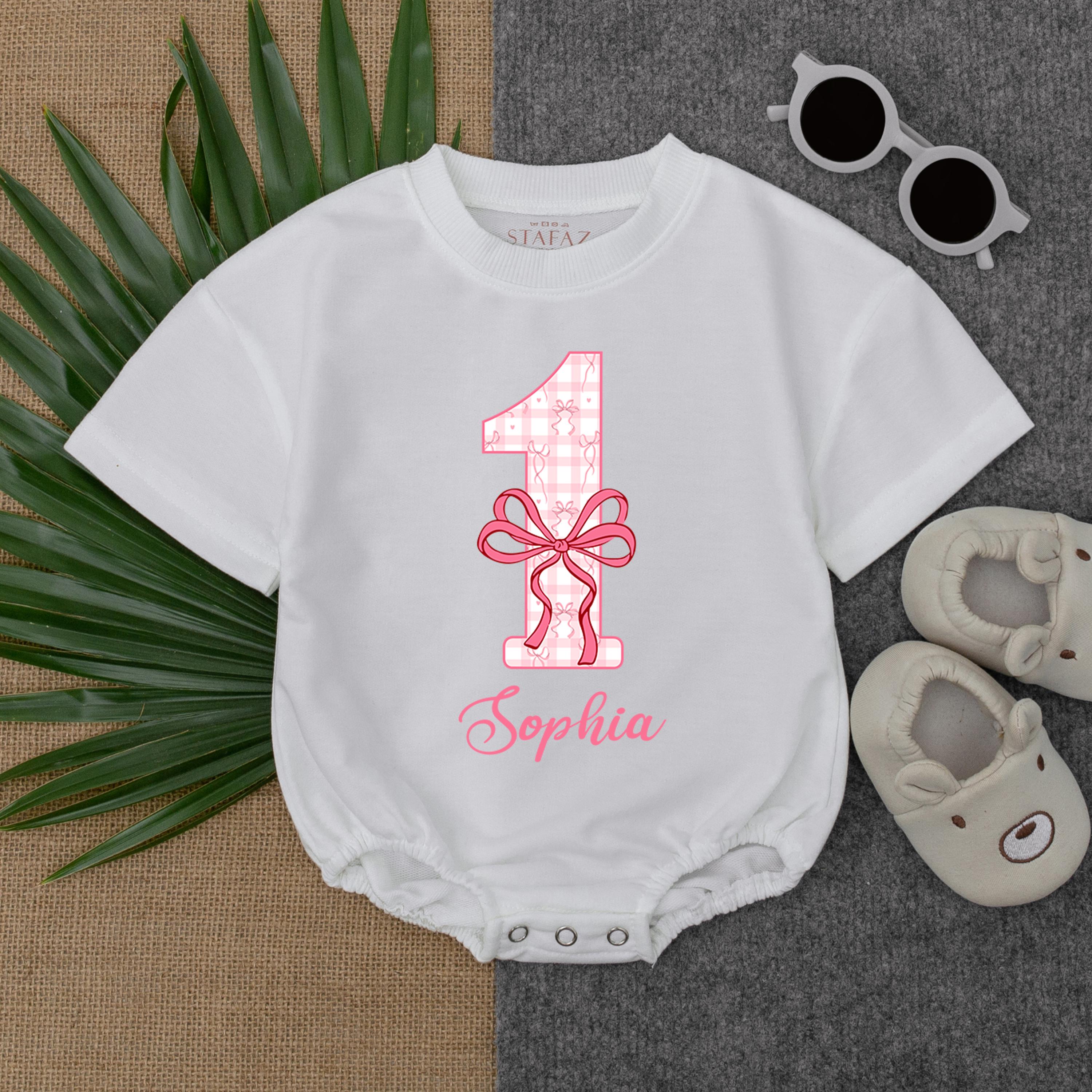 Personalized Pink Checker Birthday Romper for Baby Girls with Bow Design Cute Comfortable Summer Gift Idea
