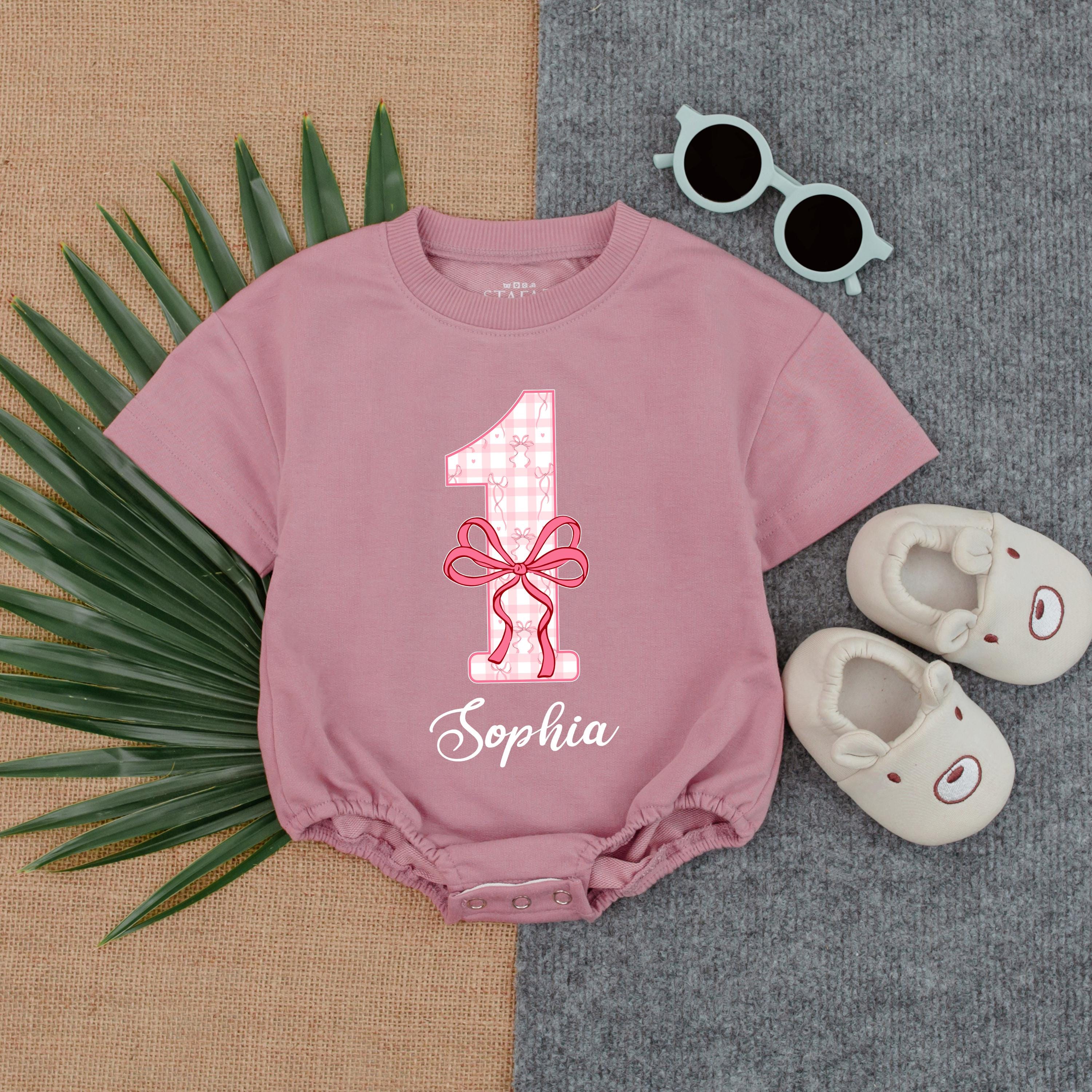 Personalized Pink Checker Birthday Romper for Baby Girls with Bow Design Cute Comfortable Summer Gift Idea