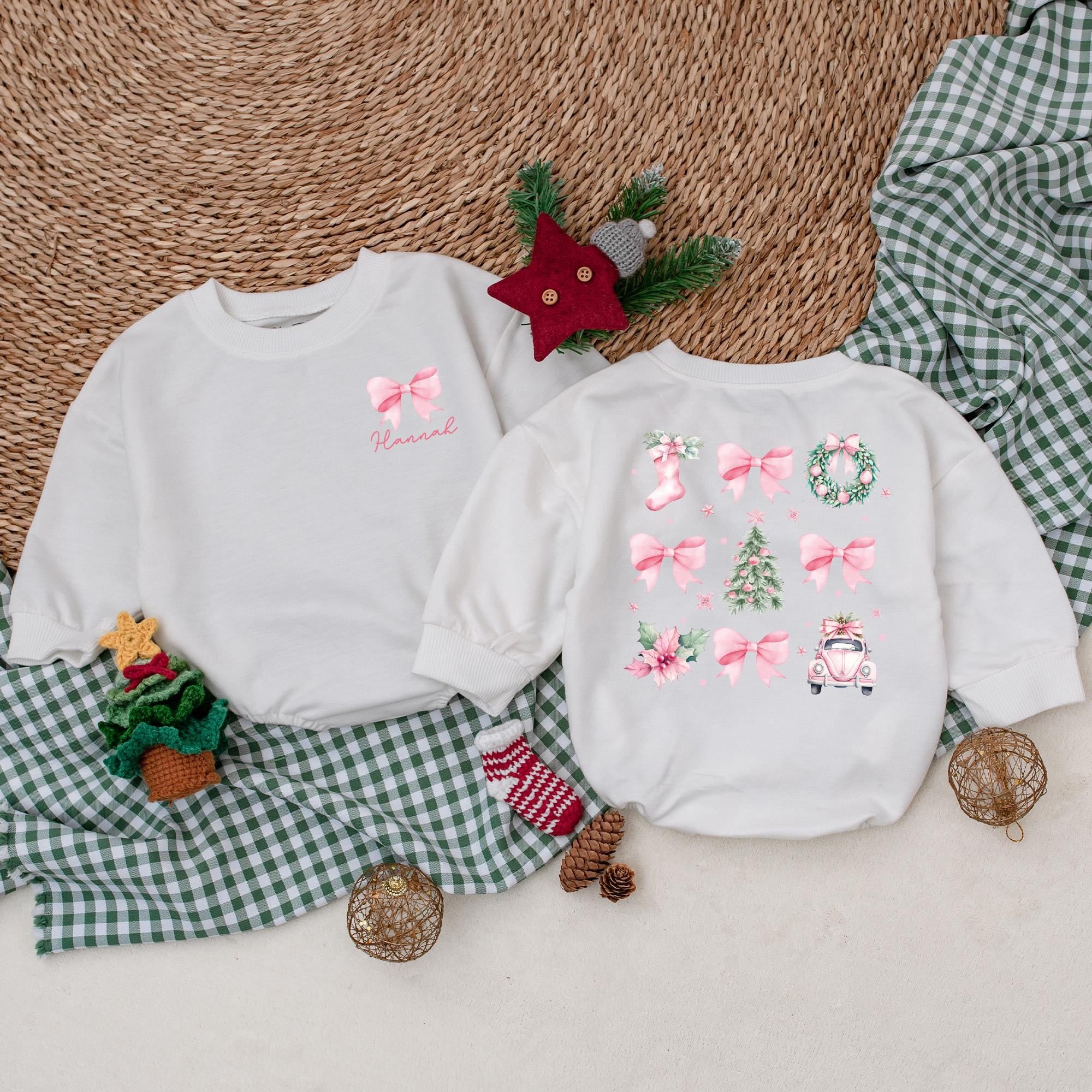 Personalized Pink Christmas Bow Romper Baby's First Holiday Outfit Soft Cotton Infant Bodysuit Festive Gift with Custom Name