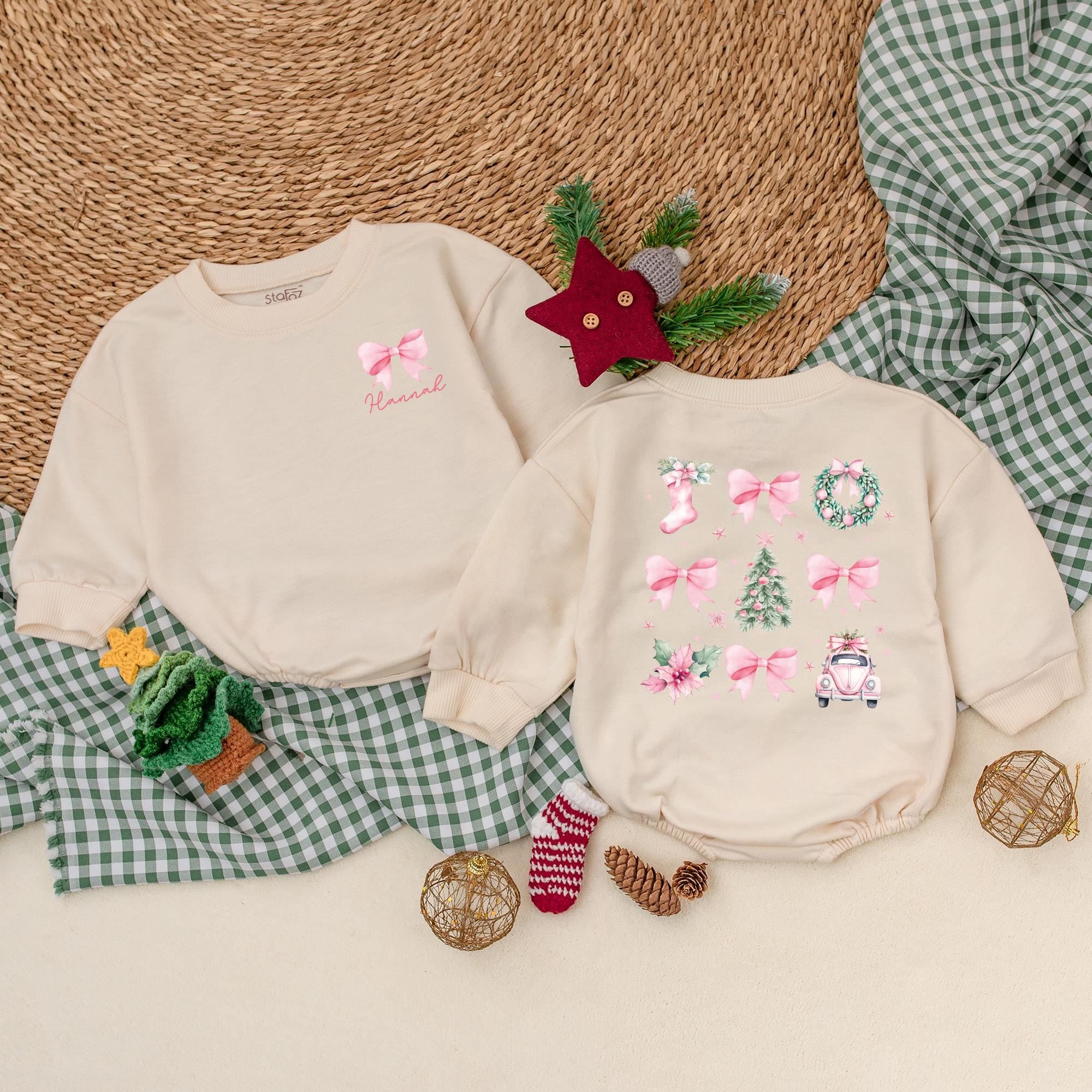Personalized Pink Christmas Bow Romper Baby's First Holiday Outfit Soft Cotton Infant Bodysuit Festive Gift with Custom Name