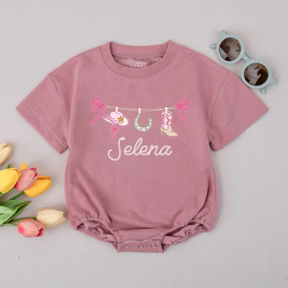 Personalized Pink Cowgirl Bubble Romper with Custom Name Rodeo Theme Baby Girl Birthday Outfit Soft Cotton Toddler Clothes Gift