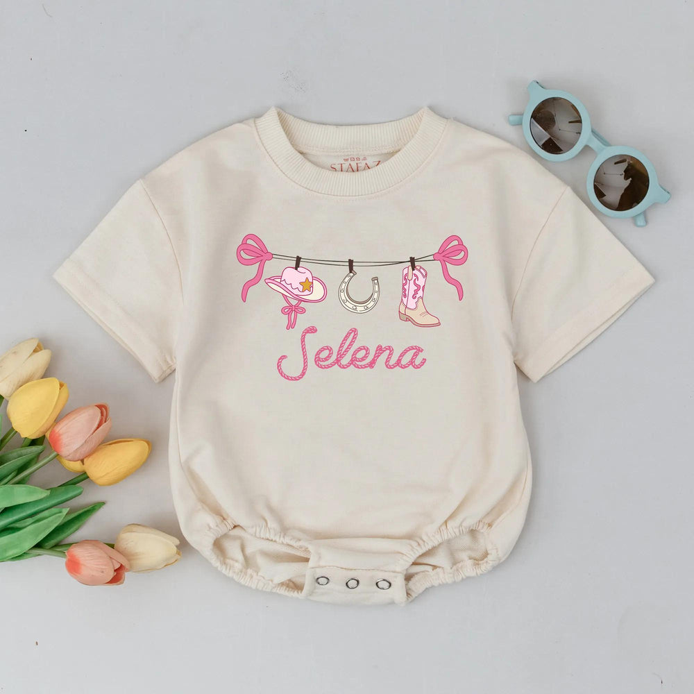 Personalized Pink Cowgirl Bubble Romper with Custom Name Rodeo Theme Baby Girl Birthday Outfit Soft Cotton Toddler Clothes Gift