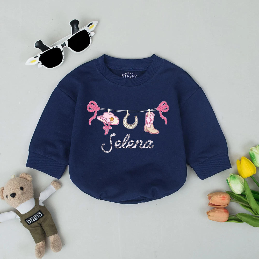 Personalized Pink Cowgirl Bubble Romper with Custom Name Rodeo Theme Baby Girl Birthday Outfit Soft Cotton Toddler Clothes Gift