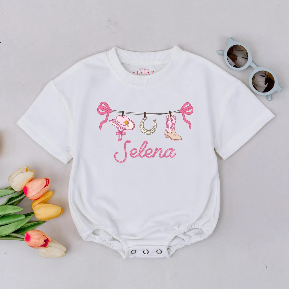 Personalized Pink Cowgirl Bubble Romper with Custom Name Rodeo Theme Baby Girl Birthday Outfit Soft Cotton Toddler Clothes Gift