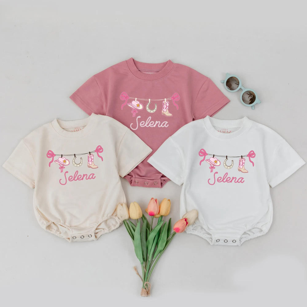 Personalized Pink Cowgirl Bubble Romper with Custom Name Rodeo Theme Baby Girl Birthday Outfit Soft Cotton Toddler Clothes Gift
