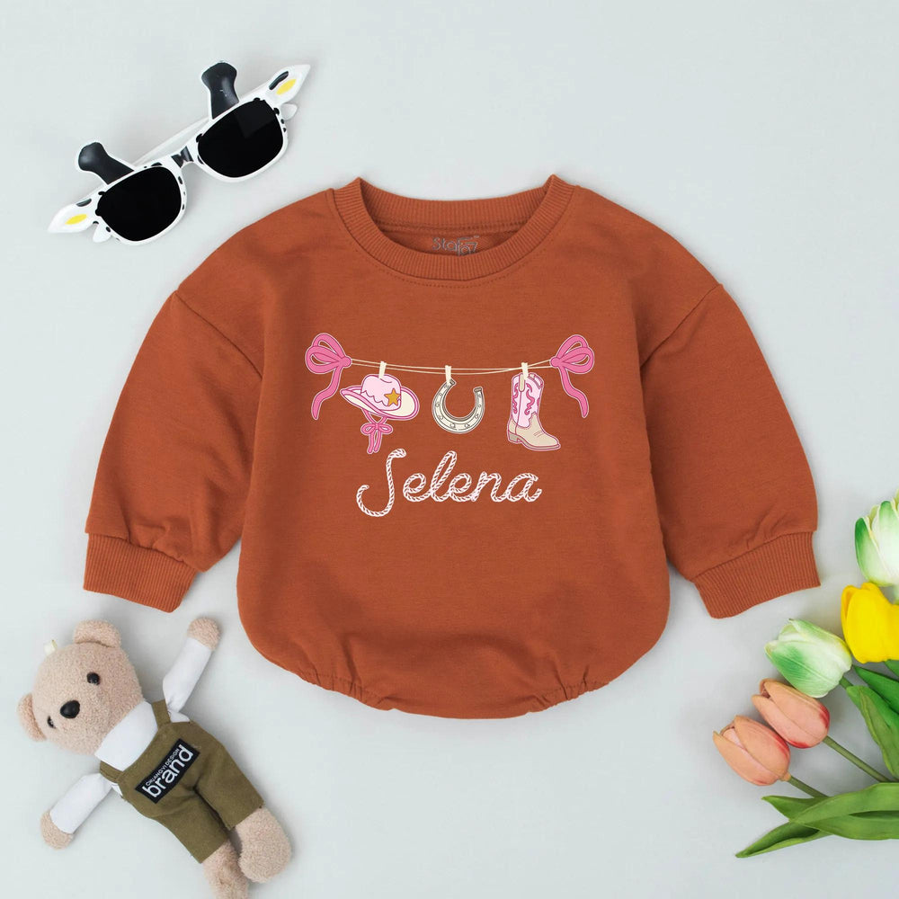Personalized Pink Cowgirl Bubble Romper with Custom Name Rodeo Theme Baby Girl Birthday Outfit Soft Cotton Toddler Clothes Gift