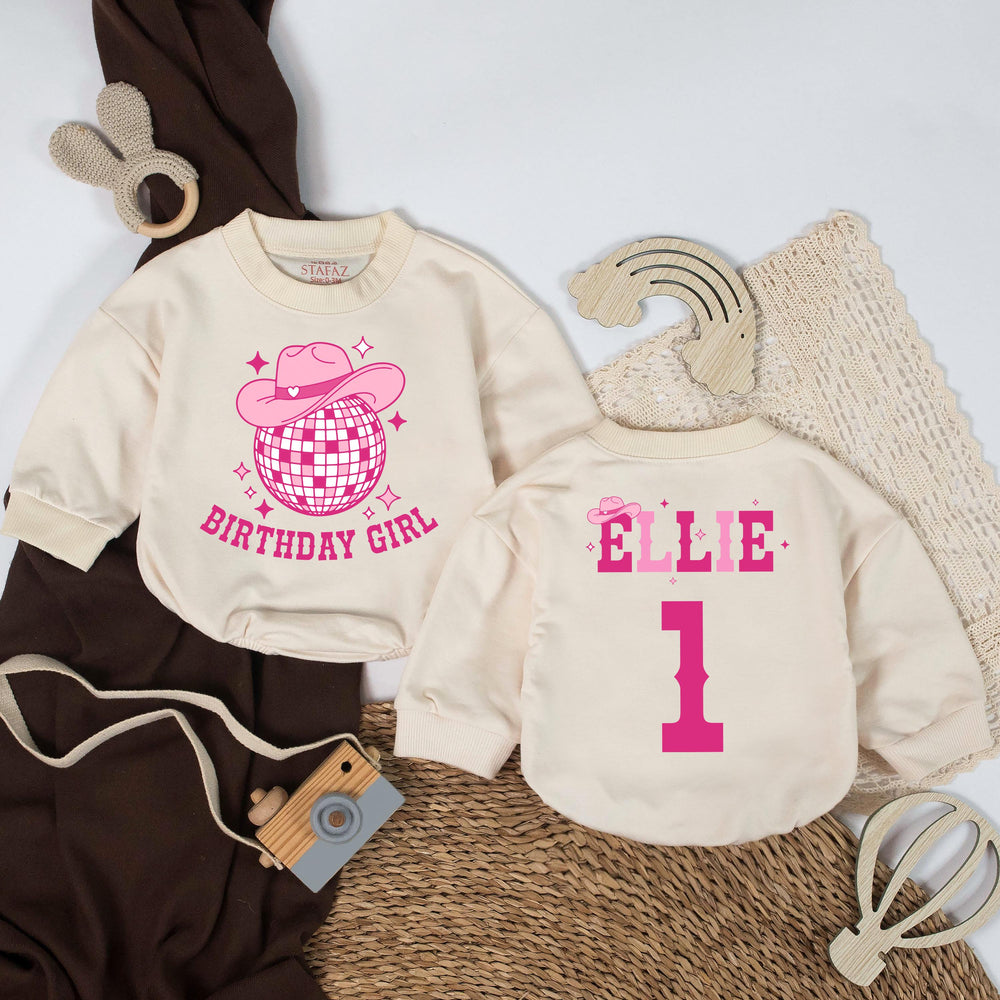 Personalized Pink Disco Cowgirl Birthday Romper for Baby Girl First Birthday Outfit with Name and Age Custom Western Cake Smash Suit