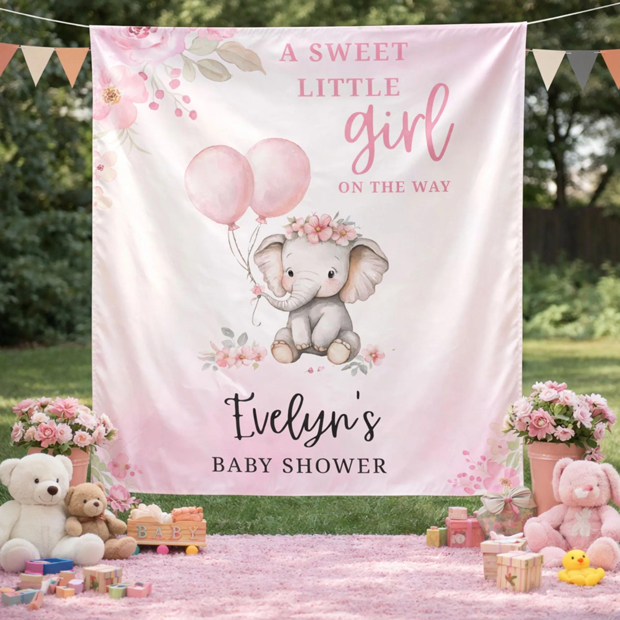 Personalized Pink Elephant Baby Shower Banner with Floral Crown and Balloons Custom Name Girl Party Backdrop Sweet Little Girl Decor