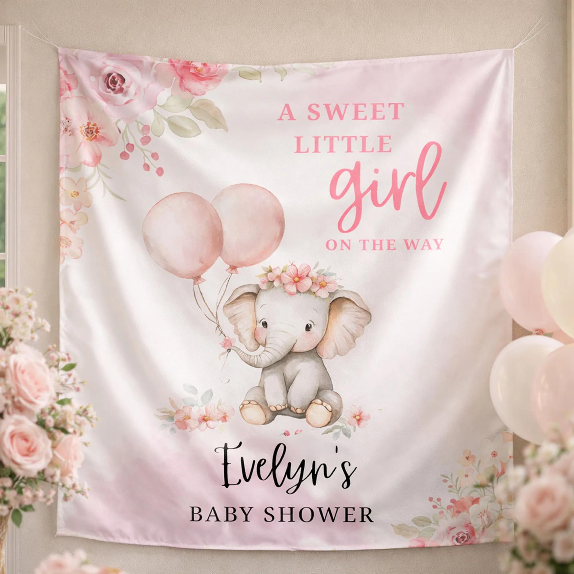 Personalized Pink Elephant Baby Shower Banner with Floral Crown and Balloons Custom Name Girl Party Backdrop Sweet Little Girl Decor