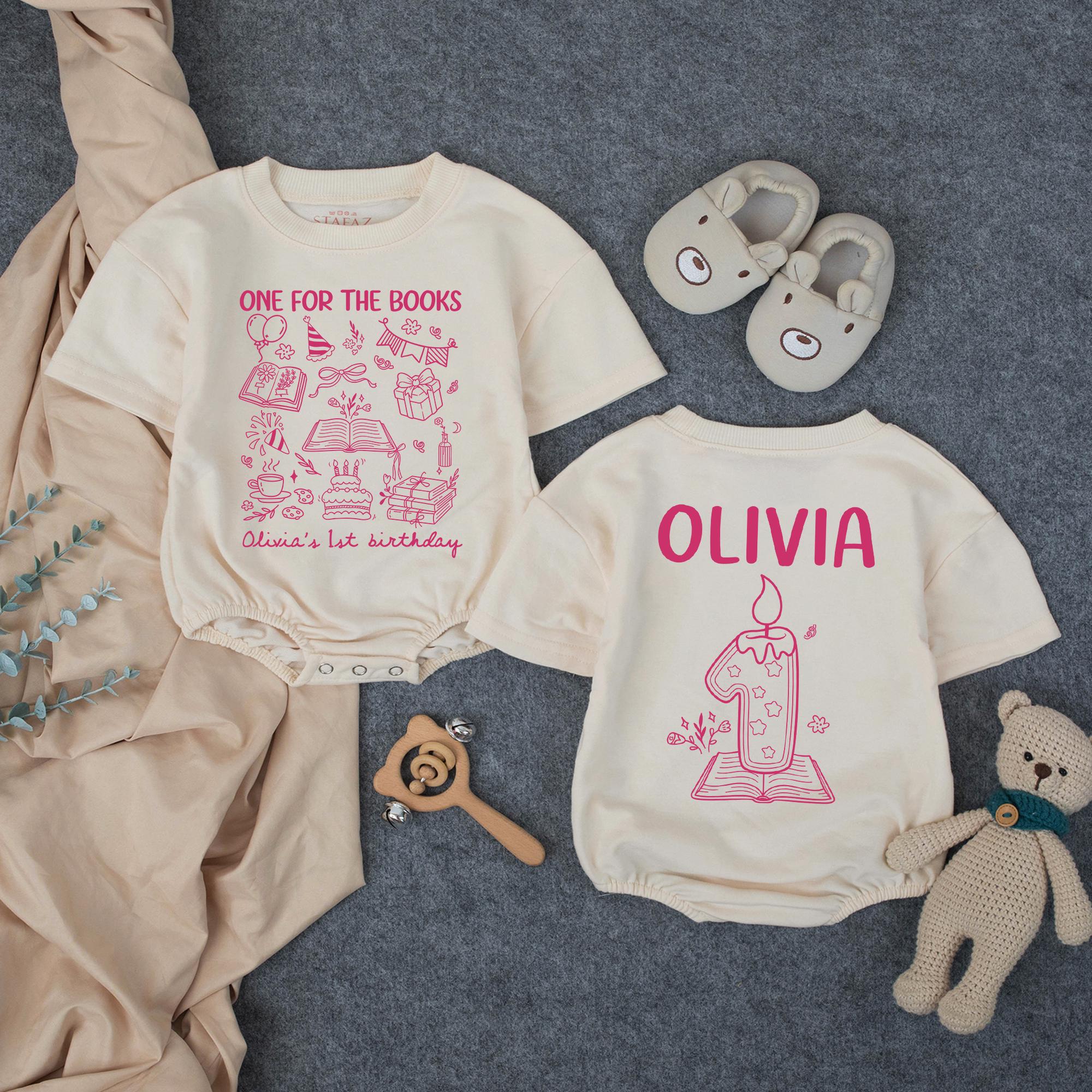 Personalized Pink First Birthday Outfit for Baby Girls, One for the Books Romper with Custom Name and Candle Design Party Clothes