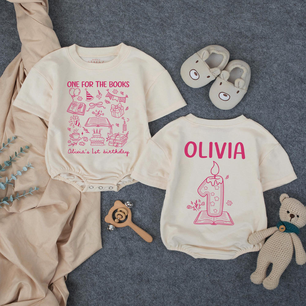 Personalized Pink First Birthday Outfit for Baby Girls, One for the Books Romper with Custom Name and Candle Design Party Clothes