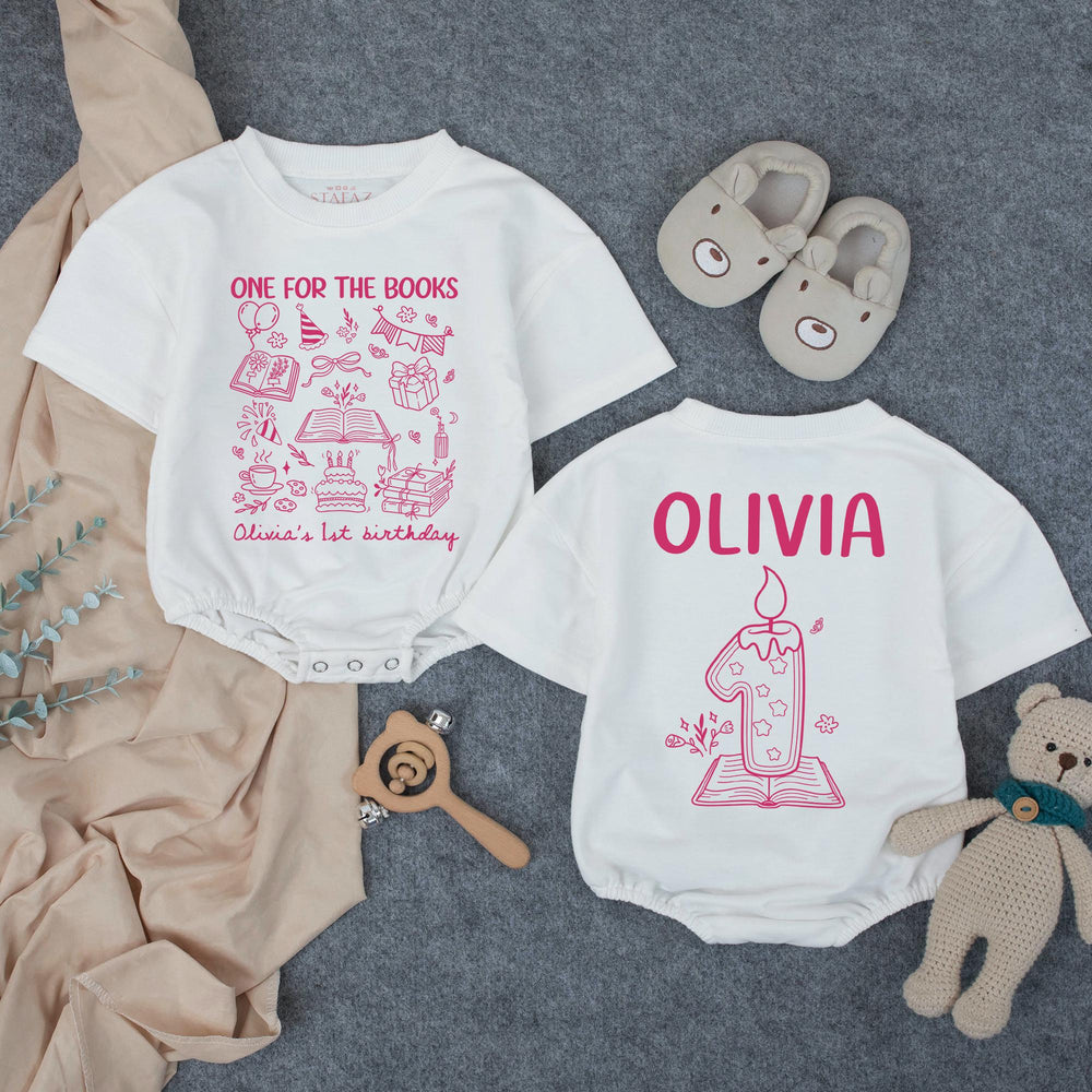 Personalized Pink First Birthday Outfit for Baby Girls, One for the Books Romper with Custom Name and Candle Design Party Clothes
