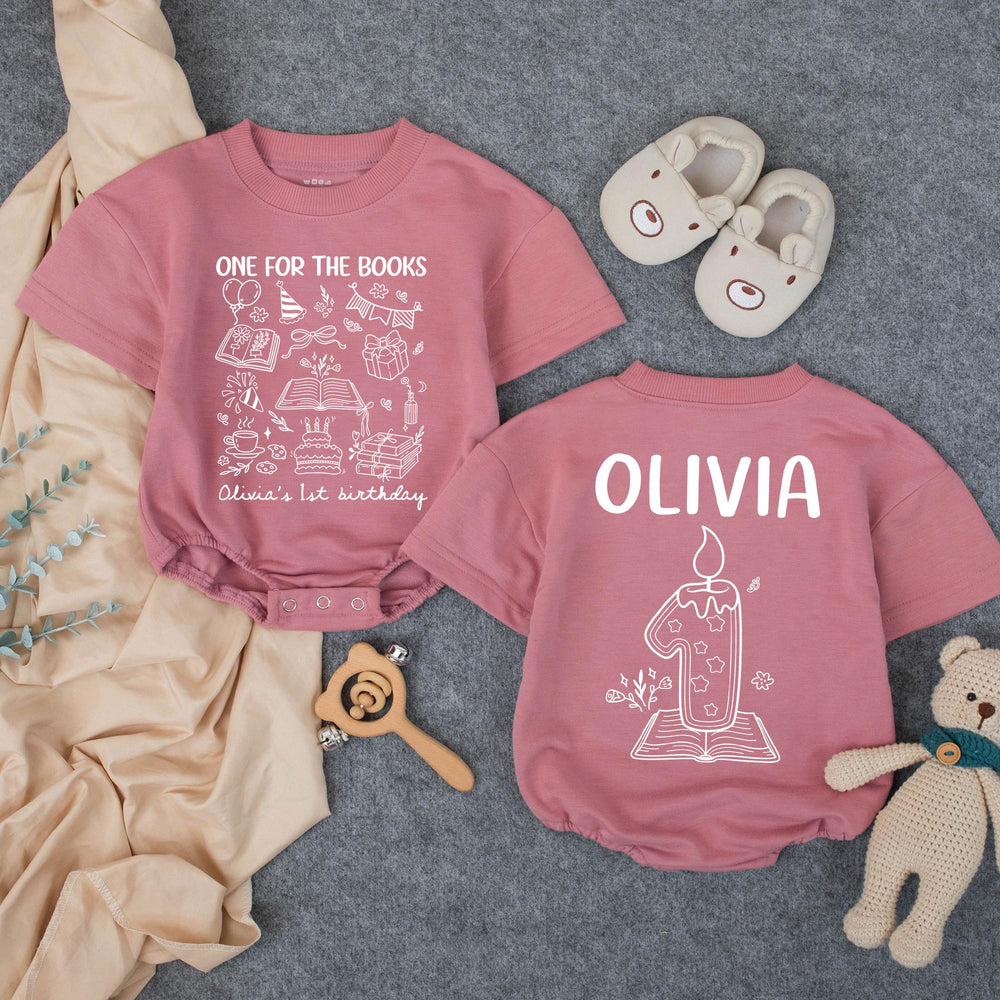 Personalized Pink First Birthday Outfit for Baby Girls, One for the Books Romper with Custom Name and Candle Design Party Clothes