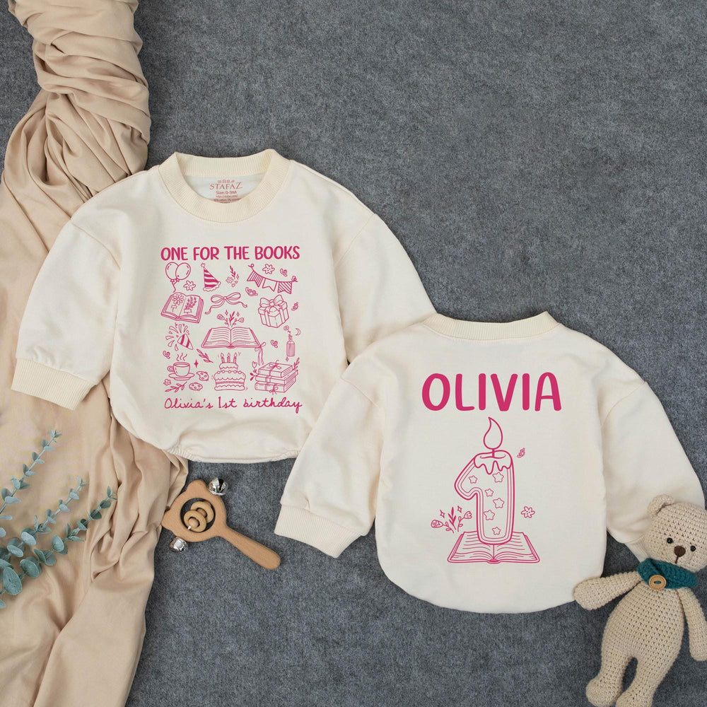 Personalized Pink First Birthday Outfit for Baby Girls, One for the Books Romper with Custom Name and Candle Design Party Clothes