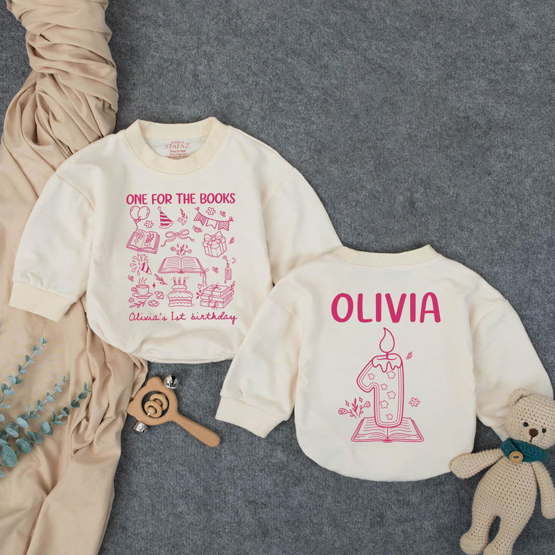 Personalized Pink First Birthday Outfit for Baby Girls, One for the Books Romper with Custom Name and Candle Design Party Clothes