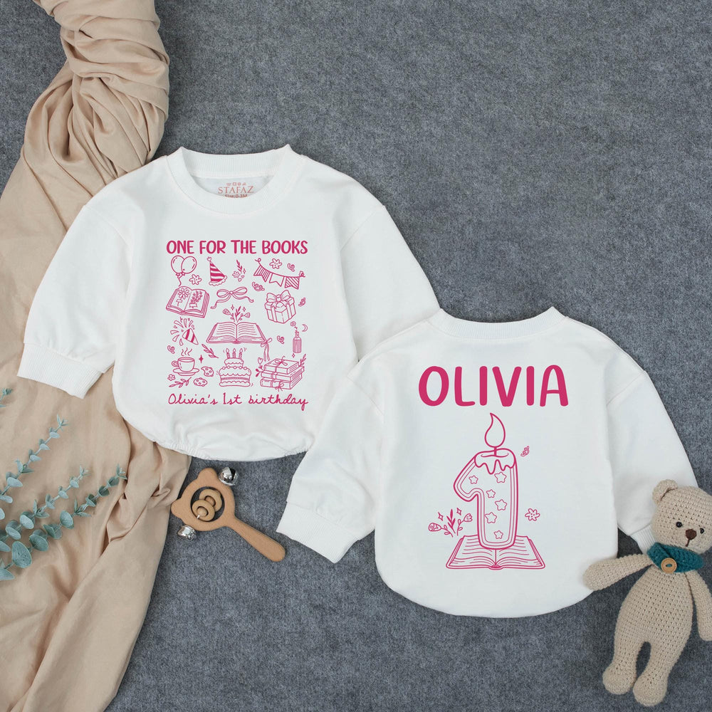 Personalized Pink First Birthday Outfit for Baby Girls, One for the Books Romper with Custom Name and Candle Design Party Clothes
