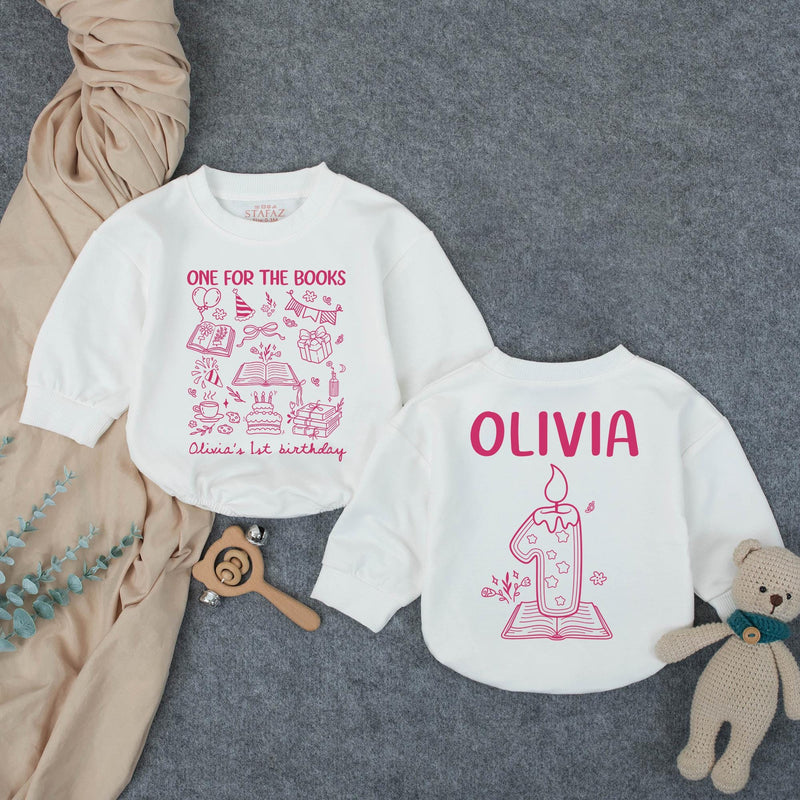Personalized Pink First Birthday Outfit for Baby Girls, One for the Books Romper with Custom Name and Candle Design Party Clothes