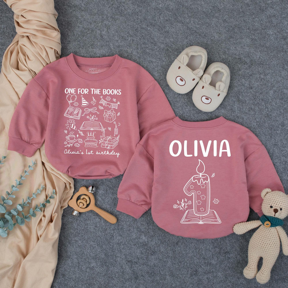 Personalized Pink First Birthday Outfit for Baby Girls, One for the Books Romper with Custom Name and Candle Design Party Clothes