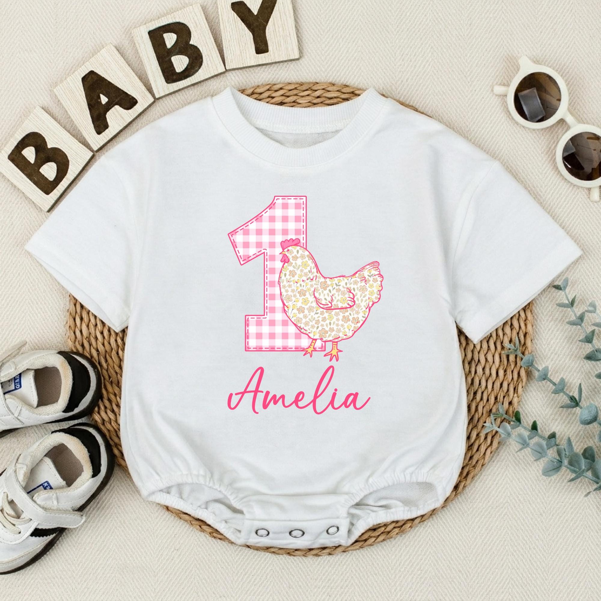 Personalized Pink Gingham Chicken First Birthday Romper for Baby Girls, Floral Farm-Themed 1st Birthday Outfit with Name Customization