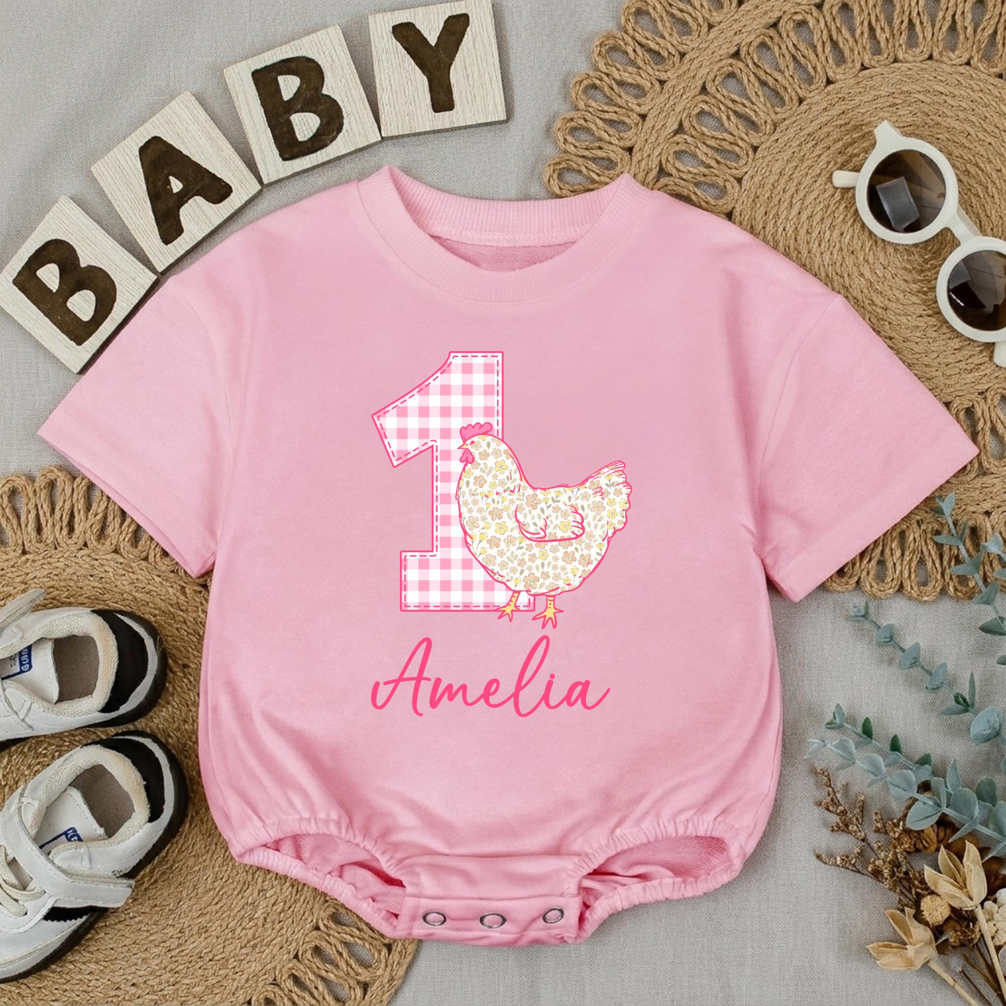 Personalized Pink Gingham Chicken First Birthday Romper for Baby Girls, Floral Farm-Themed 1st Birthday Outfit with Name Customization