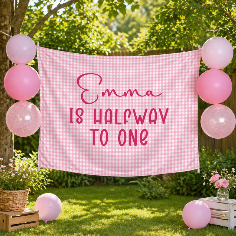 Personalized Pink Gingham Half Birthday Banner for Baby Girl, Custom 6 Month Party Backdrop with Emma Is Halfway to One Design