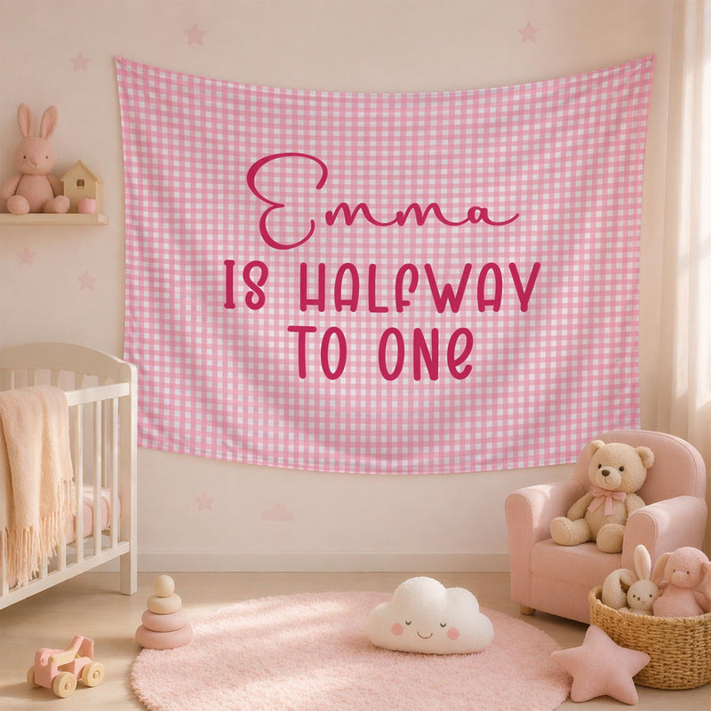 Personalized Pink Gingham Half Birthday Banner for Baby Girl, Custom 6 Month Party Backdrop with Emma Is Halfway to One Design