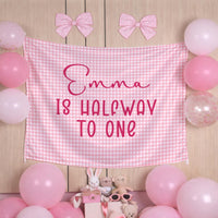 Personalized Pink Gingham Half Birthday Banner for Baby Girl, Custom 6 Month Party Backdrop with Emma Is Halfway to One Design