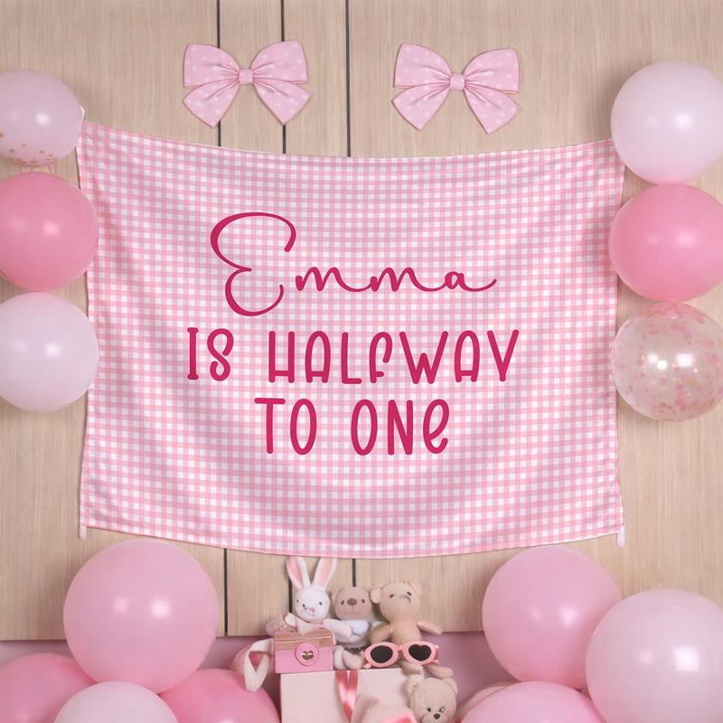 Personalized Pink Gingham Half Birthday Banner for Baby Girl, Custom 6 Month Party Backdrop with Emma Is Halfway to One Design
