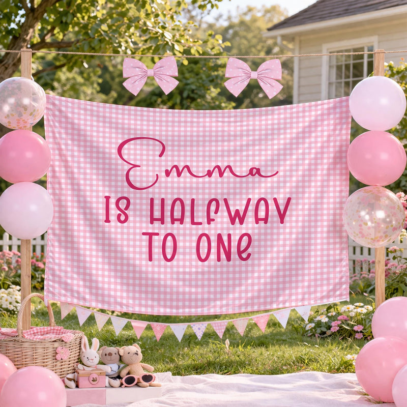 Personalized Pink Gingham Half Birthday Banner for Baby Girl, Custom 6 Month Party Backdrop with Emma Is Halfway to One Design