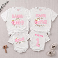 Personalized Pink Gingham Pumpkin Matching Family Shirts, Baby First Birthday Outfit, Soft Cotton Toddler Bodysuit for Fall Celebrations