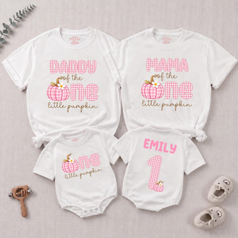 Personalized Pink Gingham Pumpkin Matching Family Shirts, Baby First Birthday Outfit, Soft Cotton Toddler Bodysuit for Fall Celebrations