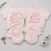 Personalized Pink Gingham Pumpkin Matching Family Shirts, Baby First Birthday Outfit, Soft Cotton Toddler Bodysuit for Fall Celebrations