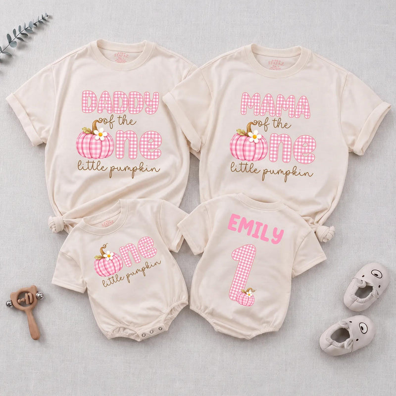 Personalized Pink Gingham Pumpkin Matching Family Shirts, Baby First Birthday Outfit, Soft Cotton Toddler Bodysuit for Fall Celebrations