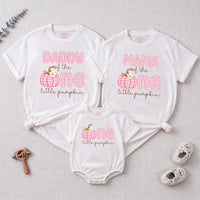 Personalized Pink Gingham Pumpkin Matching Family Shirts, Baby First Birthday Outfit, Soft Cotton Toddler Bodysuit for Fall Celebrations