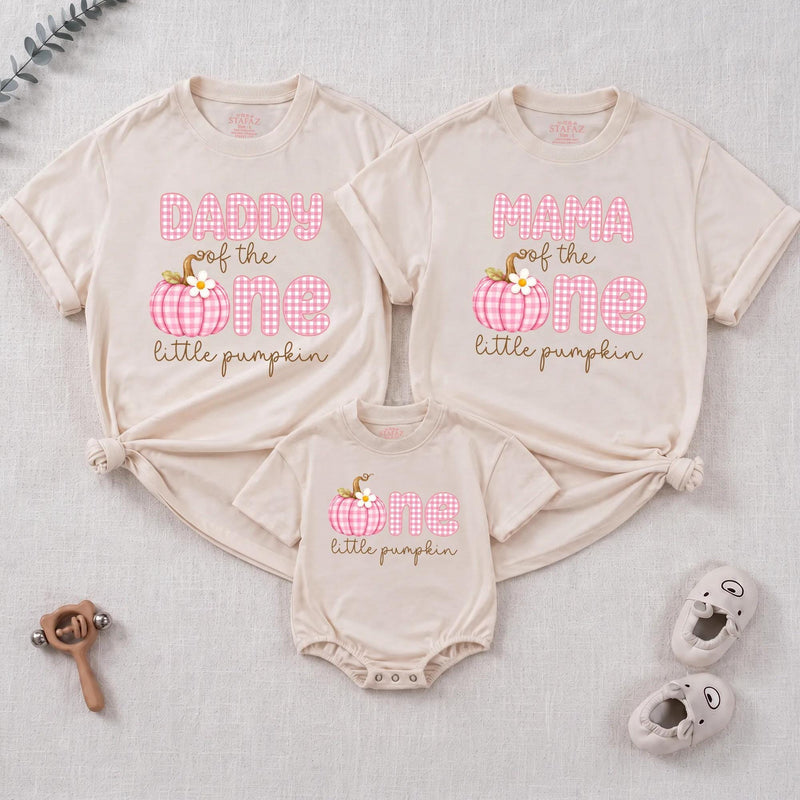 Personalized Pink Gingham Pumpkin Matching Family Shirts, Baby First Birthday Outfit, Soft Cotton Toddler Bodysuit for Fall Celebrations