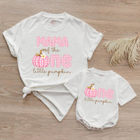 Personalized Pink Gingham Pumpkin Matching Family Shirts, Baby First Birthday Outfit, Soft Cotton Toddler Bodysuit for Fall Celebrations