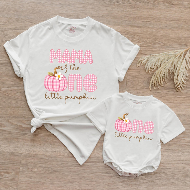 Personalized Pink Gingham Pumpkin Matching Family Shirts, Baby First Birthday Outfit, Soft Cotton Toddler Bodysuit for Fall Celebrations