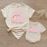 Personalized Pink Gingham Pumpkin Matching Family Shirts, Baby First Birthday Outfit, Soft Cotton Toddler Bodysuit for Fall Celebrations