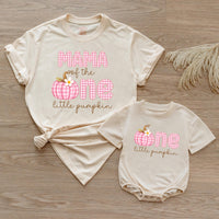 Personalized Pink Gingham Pumpkin Matching Family Shirts, Baby First Birthday Outfit, Soft Cotton Toddler Bodysuit for Fall Celebrations