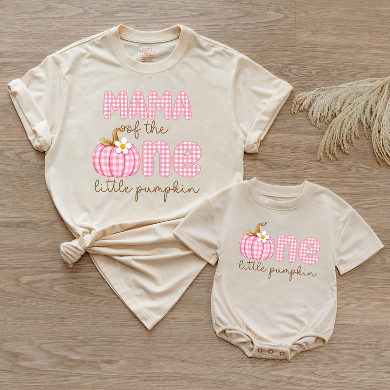 Personalized Pink Gingham Pumpkin Matching Family Shirts, Baby First Birthday Outfit, Soft Cotton Toddler Bodysuit for Fall Celebrations
