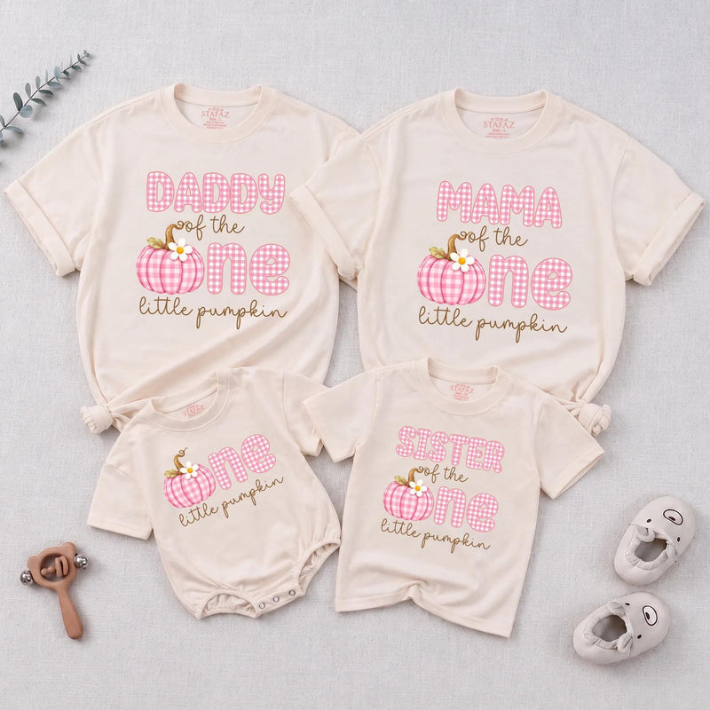 Personalized Pink Gingham Pumpkin Matching Family Shirts, Baby First Birthday Outfit, Soft Cotton Toddler Bodysuit for Fall Celebrations