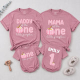 Personalized Pink Gingham Pumpkin Matching Family Shirts, Baby First Birthday Outfit, Soft Cotton Toddler Bodysuit for Fall Celebrations