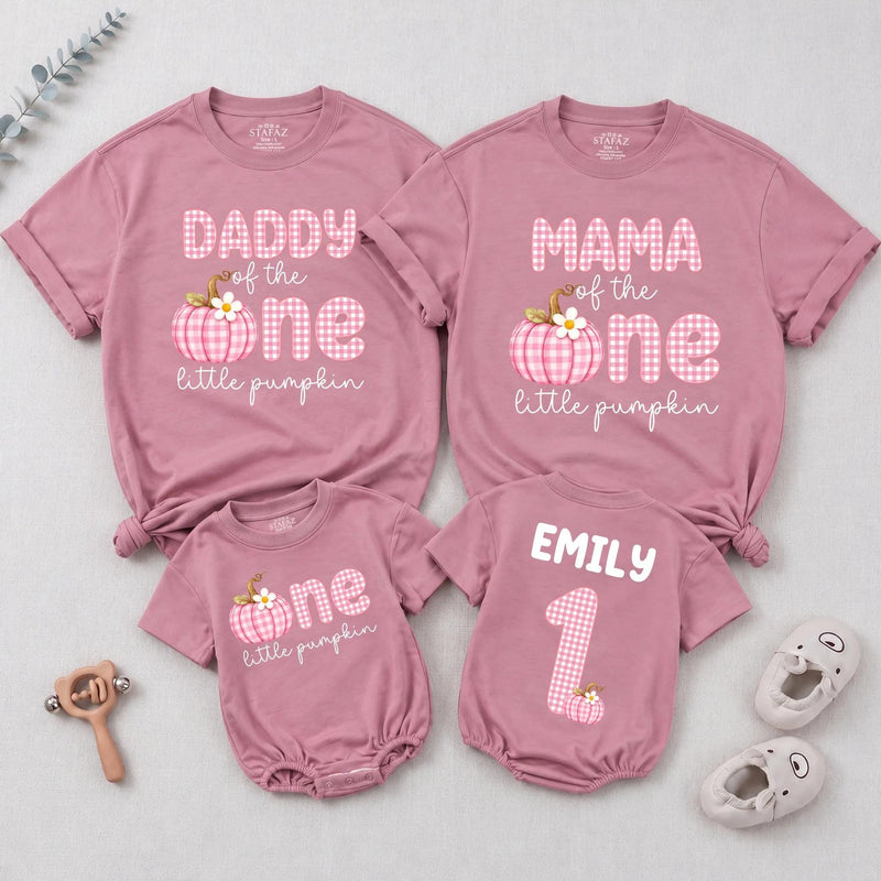 Personalized Pink Gingham Pumpkin Matching Family Shirts, Baby First Birthday Outfit, Soft Cotton Toddler Bodysuit for Fall Celebrations
