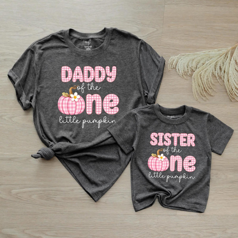 Personalized Pink Gingham Pumpkin Matching Family Shirts, Baby First Birthday Outfit, Soft Cotton Toddler Bodysuit for Fall Celebrations
