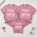 Personalized Pink Gingham Pumpkin Matching Family Shirts, Baby First Birthday Outfit, Soft Cotton Toddler Bodysuit for Fall Celebrations
