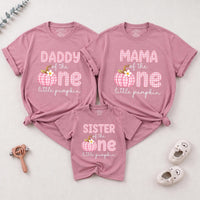 Personalized Pink Gingham Pumpkin Matching Family Shirts, Baby First Birthday Outfit, Soft Cotton Toddler Bodysuit for Fall Celebrations