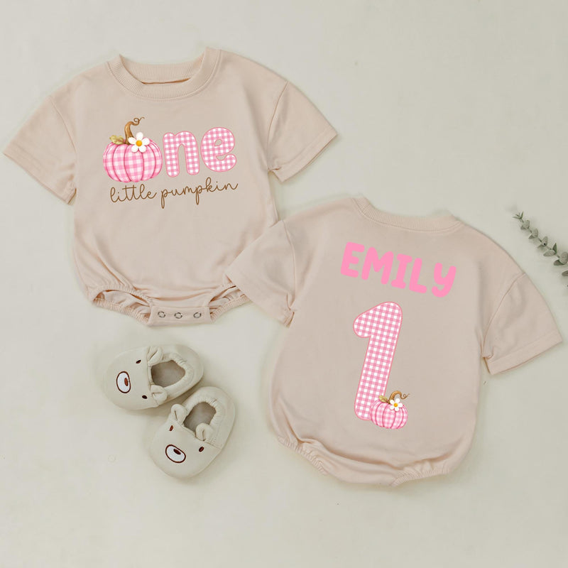 Personalized Pink Gingham Pumpkin Matching Family Shirts, Baby First Birthday Outfit, Soft Cotton Toddler Bodysuit for Fall Celebrations