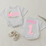 Personalized Pink Gingham Pumpkin Matching Family Shirts, Baby First Birthday Outfit, Soft Cotton Toddler Bodysuit for Fall Celebrations